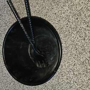 Black emeril wooden bowl with utensil set